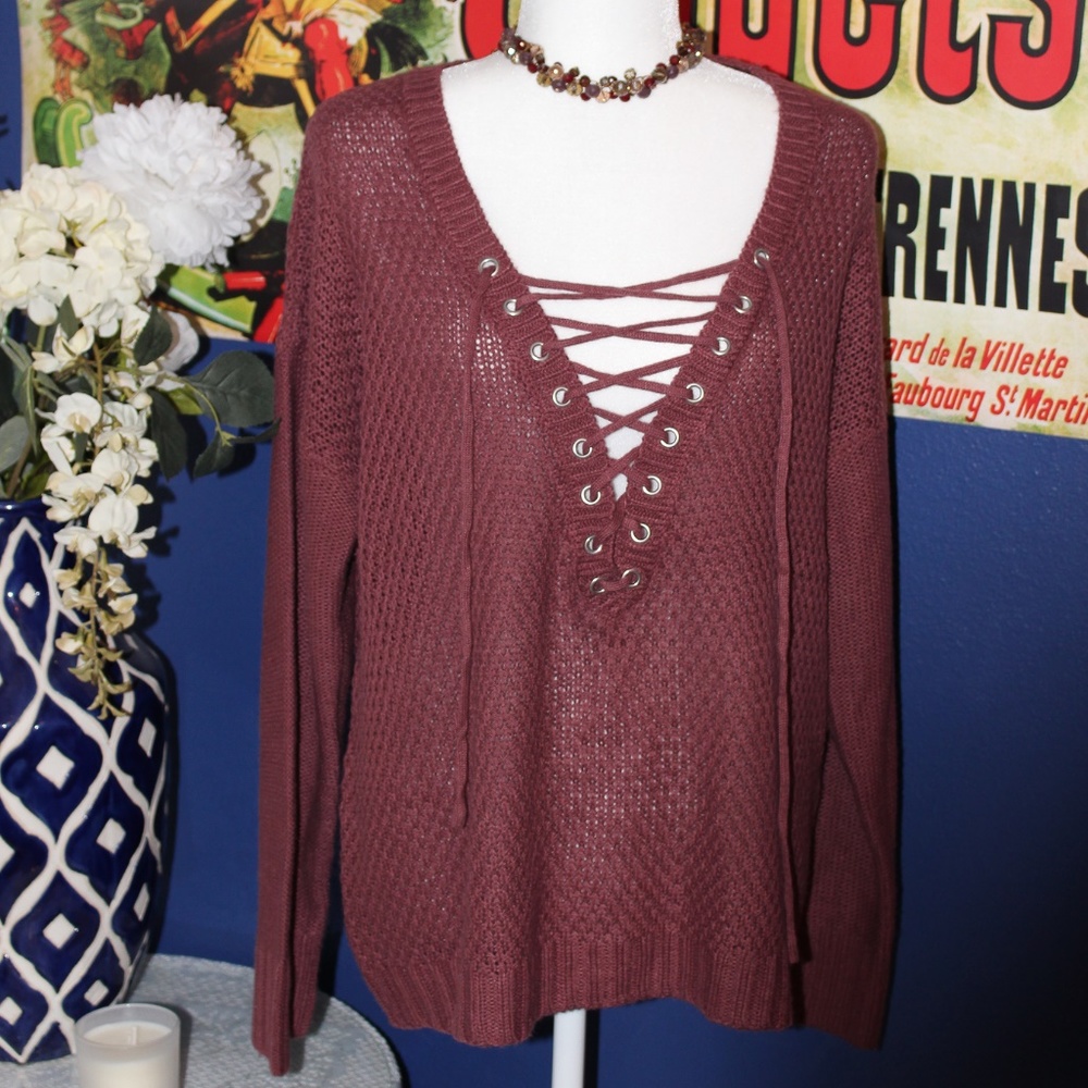 Charlotte Russe Mauve Lace-up Sweater